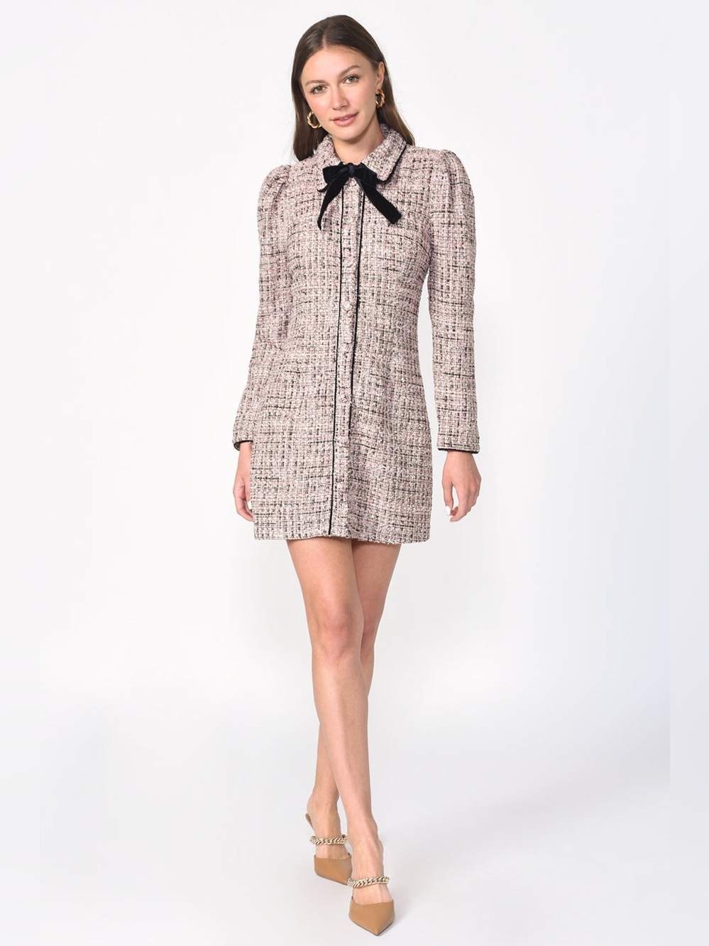 Adelyn Rae Elizabeth Pink Tweed Plaid Collared Sheath Mini Dress Puff Sleeve, M